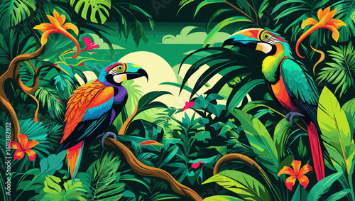 Vibrant tropical scene with colorful parrots perched among lush foliage and blooming flowers
