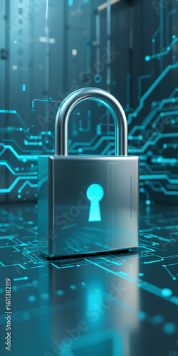 Teal AI and Cyber Security Lock Concept in a Digital Grid World

