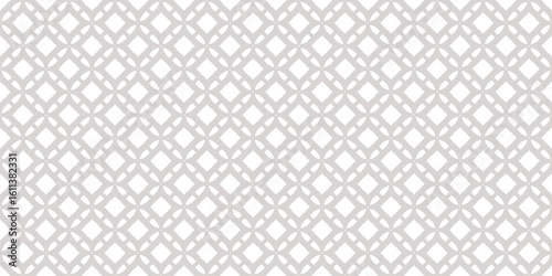 Subtle geometric grid ornament. Abstract grey and white seamless pattern with lattice, mesh, diamond shapes, small flower silhouettes. Simple minimal vector background texture. Repeating geo design