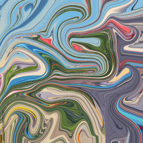 Vivid abstract swirl of multicolor hues blending sky blue, green, pink, and red in a dynamic, chaotic composition. Ideal for modern design.