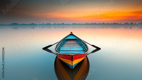 Serene Sunrise Colorful Rowboat on Calm Water