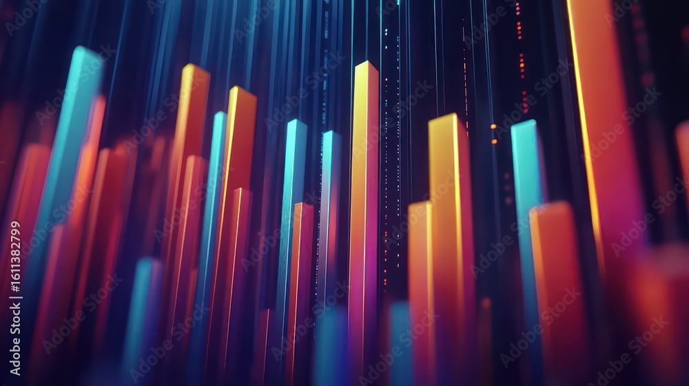 Obraz premium Animated business bar graphs with ascending arrows on a dark blue background