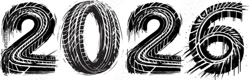  Illustration featuring the year 2026 formed by dynamic tire tracks. Expresses modernization, speed, and progress, reflecting innovation and the spirit of movement.