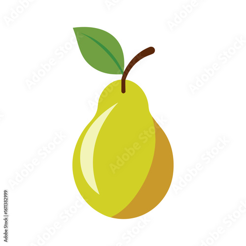 Vibrant Pear Illustration with Leaf and Stem on White Background 