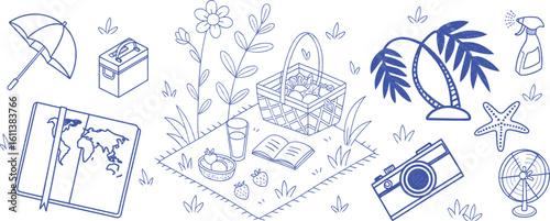 Hand-drawn summer picnic and travel icon set in blue line art style. Includes basket, map, umbrella, flowers, drink, fan, and camera. Perfect for vacation, leisure, and outdoor design themes.