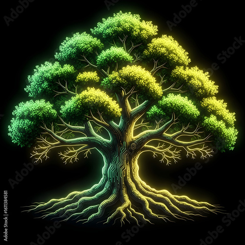 Glowing Neon Oak Tree with Electric Branches