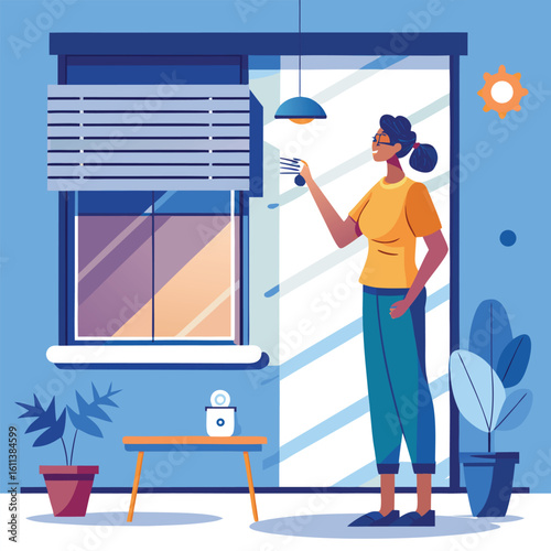 Woman speaking to smart blinds adjusting light voice command