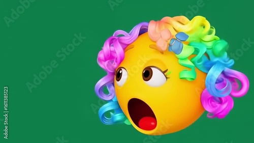 Surprised emoji with rainbow-colored curly hair expressing shock against green background