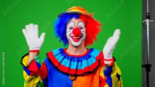 Clown Performing Entertaining Acts with Bright Costume and Facial Expressions in Indoor Studio