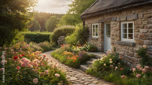 Wallpaper Mural A small cozy countryside cottage surrounded by blooming flowers, trees, and a stone path. Soft sunlight, tranquil setting, no people. Warm and peaceful atmosphere. Torontodigital.ca