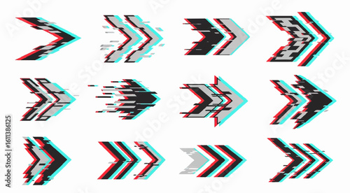 Set of distorted glitch arrows on white background