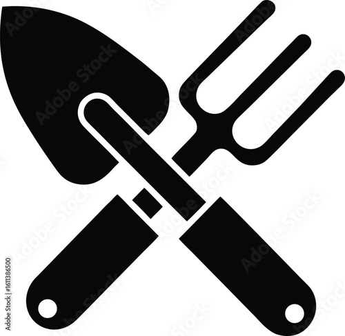Black silhouette of crossed garden trowel and fork