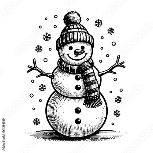snowman engraving black and white outline. Scratch board imitation.