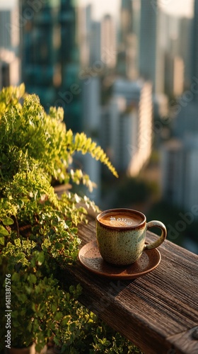 Stunning Rooftop Cityscape Moment with Coffee on Terrace