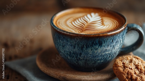 Close-up of Beautifully Crafted Cappuccino with Cookie on Plate