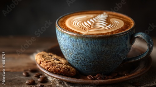 Close-Up of Beautifully Crafted Cappuccino with Cookie and Beans