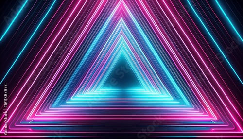 abstract neon triangle corridor futuristic vibrant pink and cyan glowing lines dark background