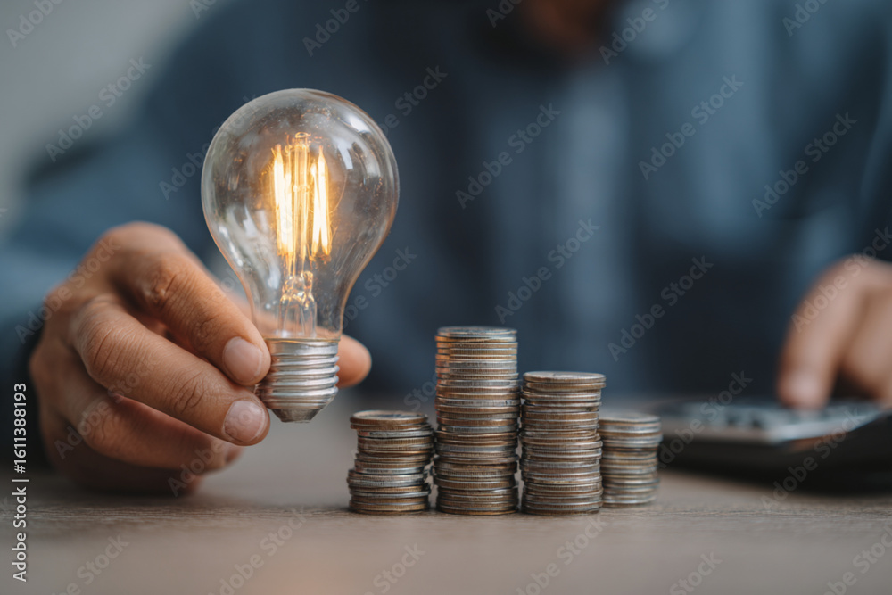 Businessman holding a glowing lightbulb while using a calculator beside stacked coins, symbolizing energy saving and financial planning in a modern office.
Businessman holding a glowing lightbulb while using a calculator beside stacked coins, symbolizing energy saving and financial planning in a modern office.