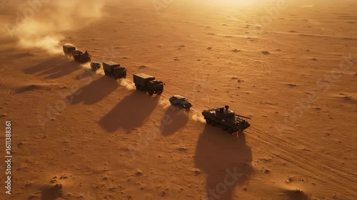 Drone Footage of Desert Military Convoy in Motion