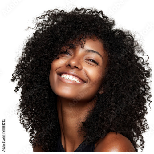African woman with thick shoulder-length kinky curls isolated on transparent background