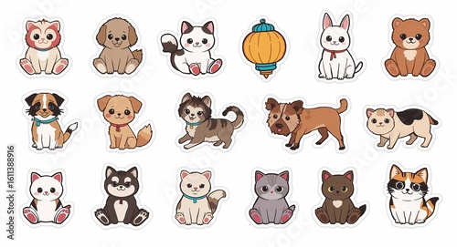 Printable sticker sets in cute designs on plain white background