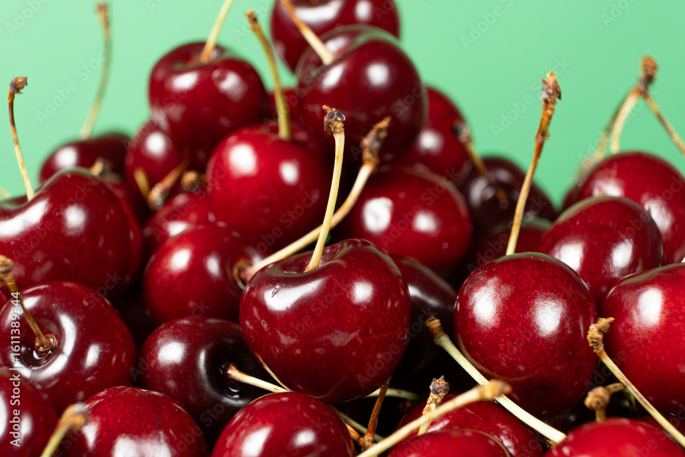 Fresh Sweet Cherries with Vibrant Green Backdrop. Fresh Sweet Cherries with Vibrant Green Backdrop.