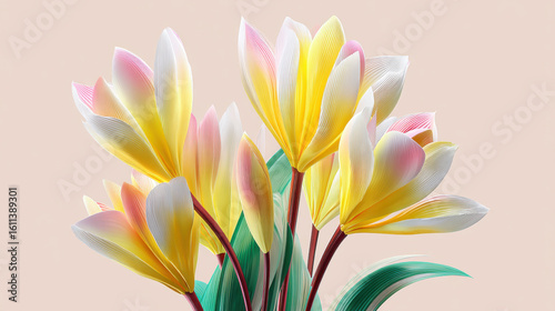 3D-rendered stylized flower bouquet with vibrant colors and soft shading, isolated on pastel background, modern and playful aesthetic, ideal for digital art or packaging design.