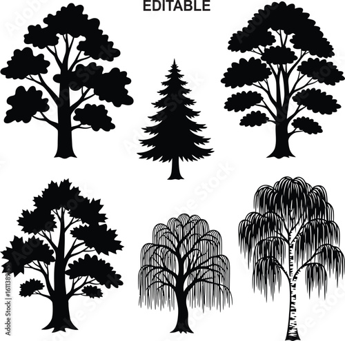 Collection of black tree silhouettes including pine maple and weeping willow pine tree maple tree