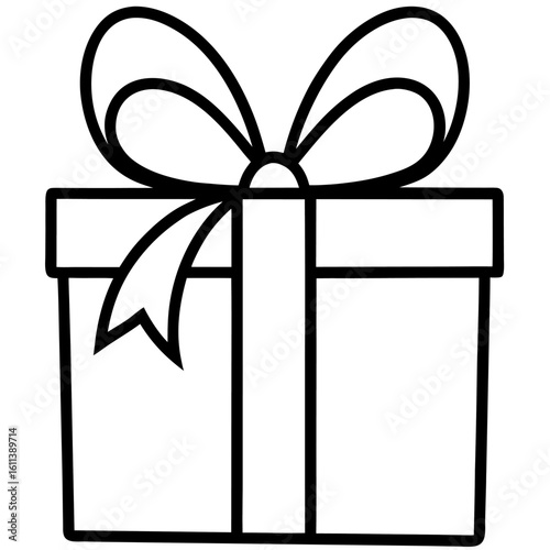 Elegant line art illustration of a gift box with a decorative ribbon and bow