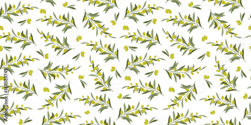 Olive tree branch pattern. Leaves and olives. Ingredients for olive oil, cooking, cosmetics. Natural food. Seamless nature background.