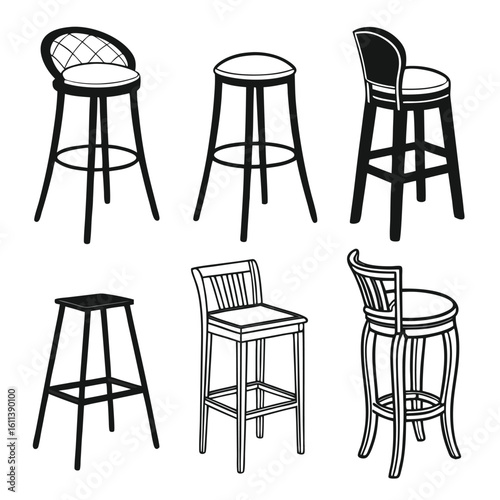 Six distinct black and white vector illustrations of bar stools and counter stools seating furniture