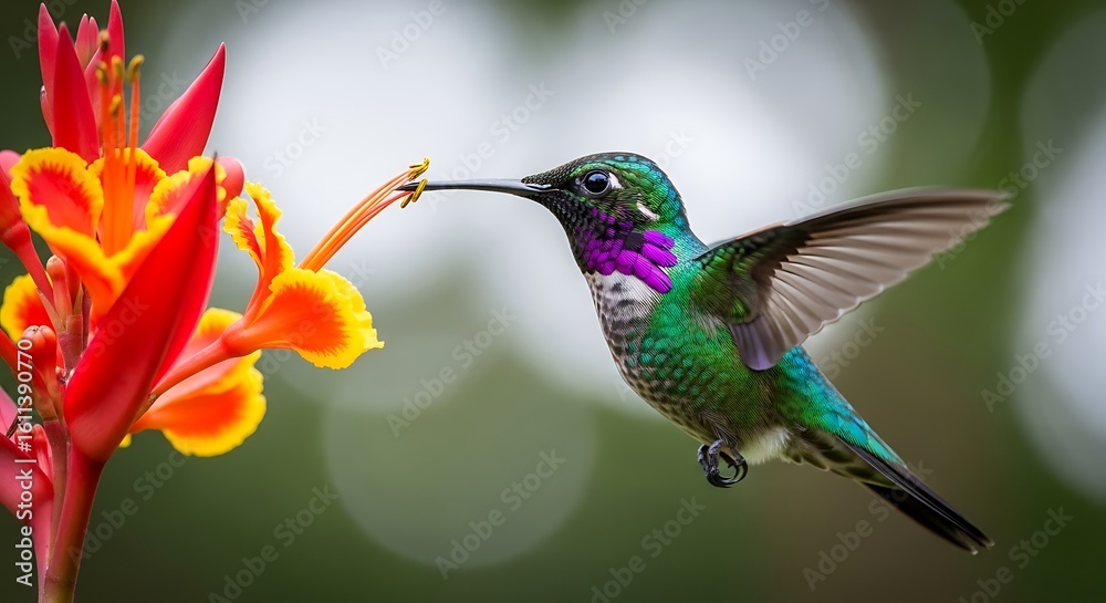 Fototapeta premium Hummingbird Feeding on Flower Nectar with Wings Spread