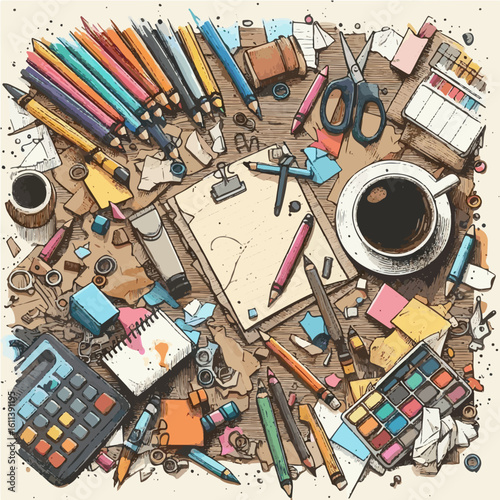 Hand drawn messy studio flatlay desk layout with crayons spilled coffee paper scraps and grain overlay