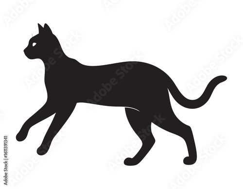 Black cat silhouette vector illustration, isolated running feline animal