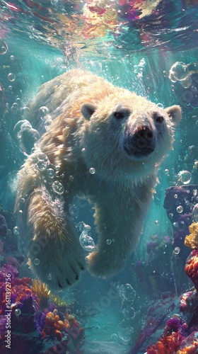 Polar Bear Swimming Gracefully Underwater Among Vibrant Coral Reefs