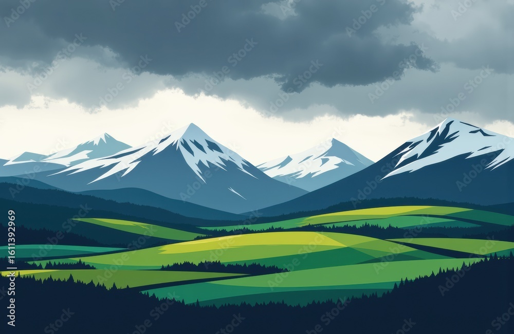 Naklejka premium Majestic snow-capped mountains overlook lush green rolling hills under a cloudy sky