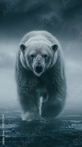 Solitary Polar Bear Walking Through a Frozen Tundra Landscape