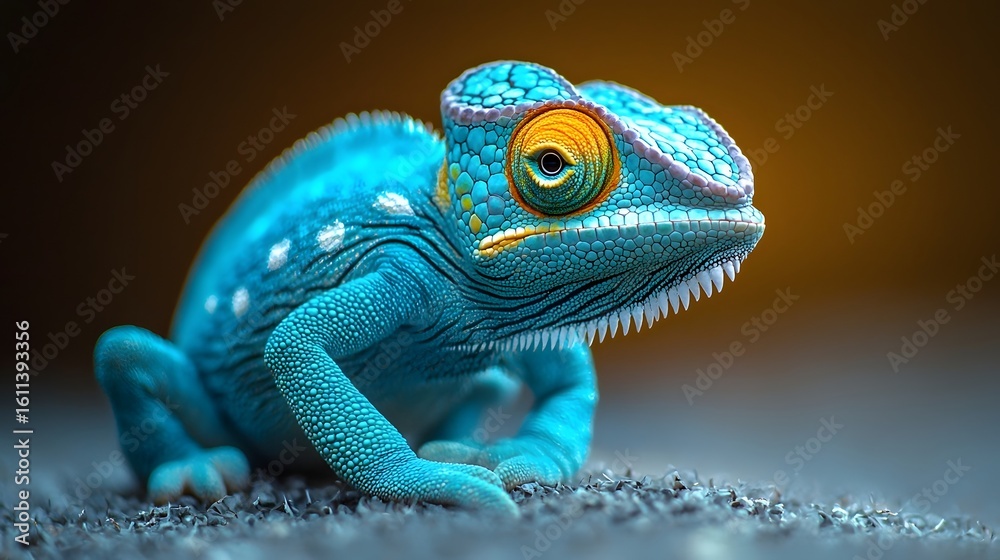 Obraz premium Minimalist chameleon with curled tail displays vibrant colors and quirky adaptability