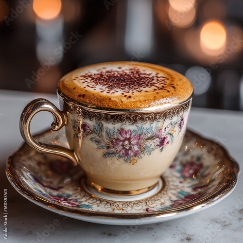 Rich and Luxurious Coffee Experience Close Up in Fine Cup and Saucer