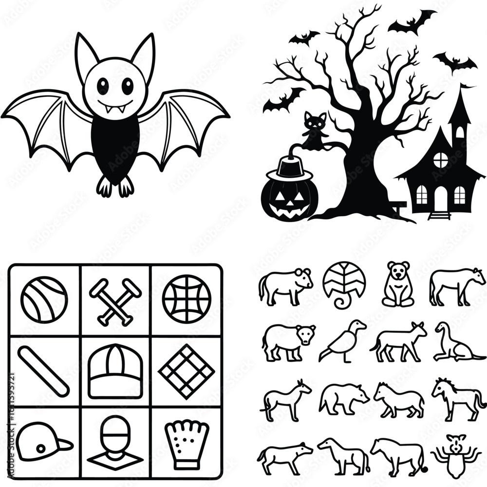 Fototapeta premium Art of a collection of black and white illustrations featuring a friendly bat, haunted house, and various animals and sports icons