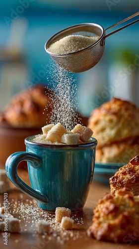 Sugar Being Poured from a Measuring Cup into a Coffee Mug