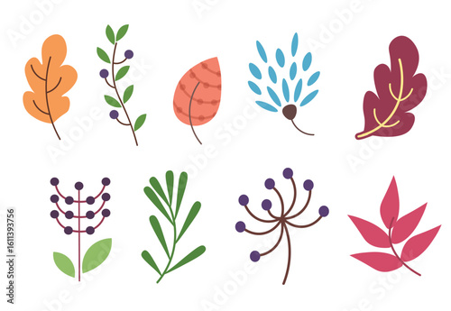 Flat vector illustration of stylized leaves and branches. Colorful botanical elements in cartoon style: red, green, blue, orange and pink leaves with decorative shapes and whimsical designs. Vector