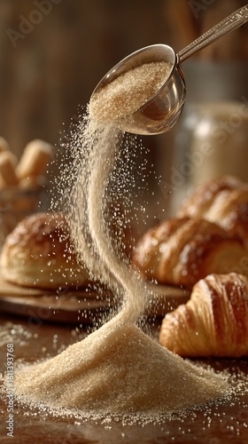 Sugar Being Poured From Measuring Cup With Croissants in Background