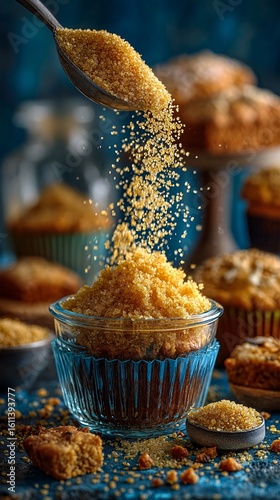Sugar Being Poured From Measuring Cup onto Muffins and Table