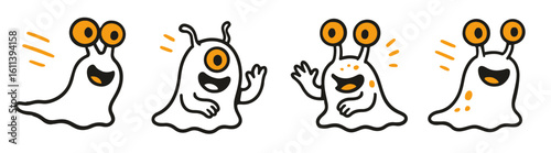 Cute cartoon alien slugs in comic style. Smiling extraterrestrial characters with one or two eyes. Fun doodle icons perfect for kids, stickers, games, and character design
