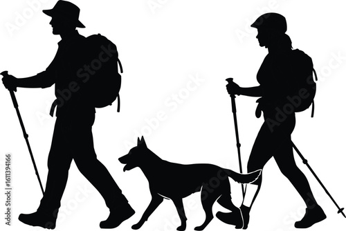 Silhouette of hiking couple with dog – man and woman walking with backpacks and trekking poles – outdoor adventure scene