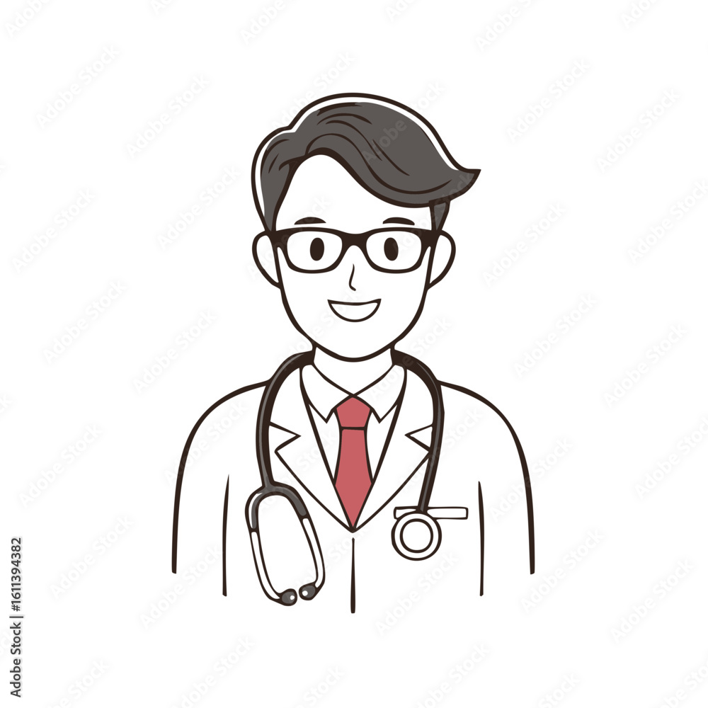 Smiling cartoon doctor wearing glasses and stethoscope professional medical healthcare illustration Smiling cartoon doctor wearing glasses and stethoscope professional medical healthcare illustration