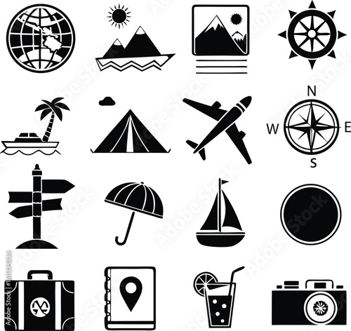 Black and white travel icons representing various modes of transport and vacation activities for design