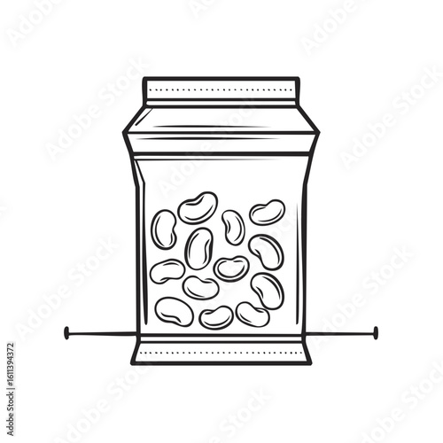 Hand-drawn outline of a bag of beans with a horizontal line and dots