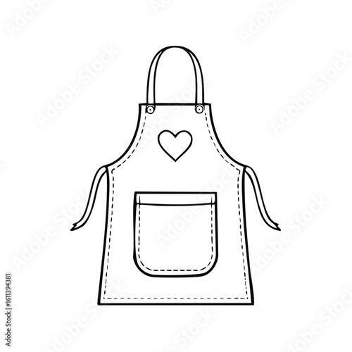 Black and white apron illustration with heart and pocket for cooking and crafts